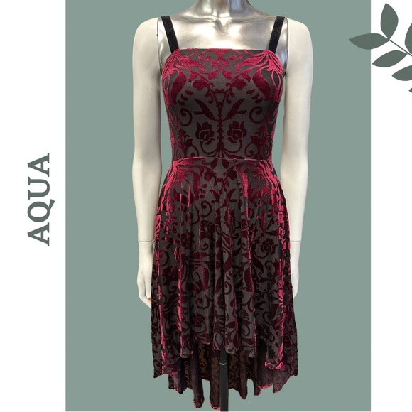 Aqua Burnout Velvet Baroque Burgundy Black High Low Lined Dress Stretch Small - Picture 8 of 11